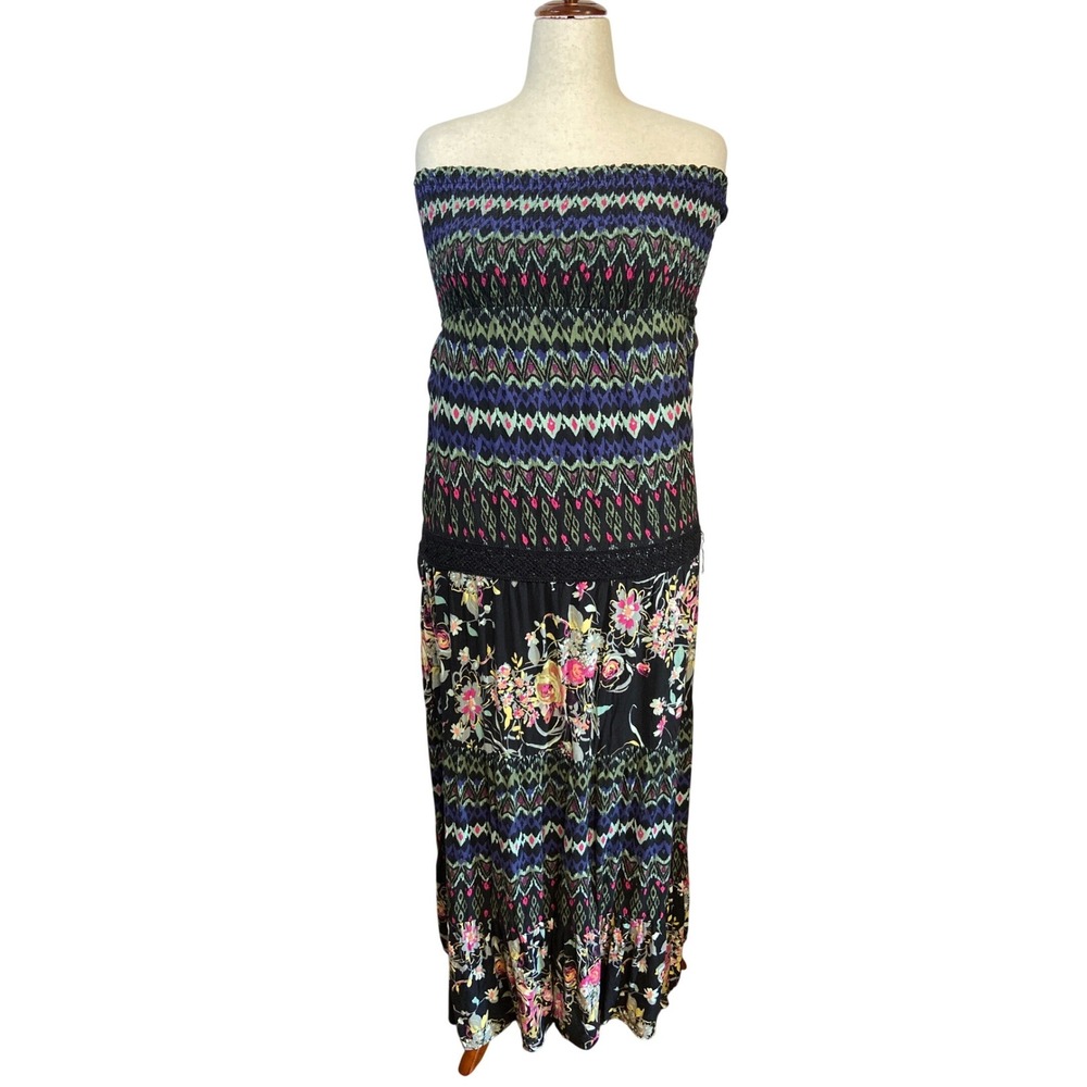 Strapless Summer Dress Smocked Maxi Black Floral Tribal Print Medium